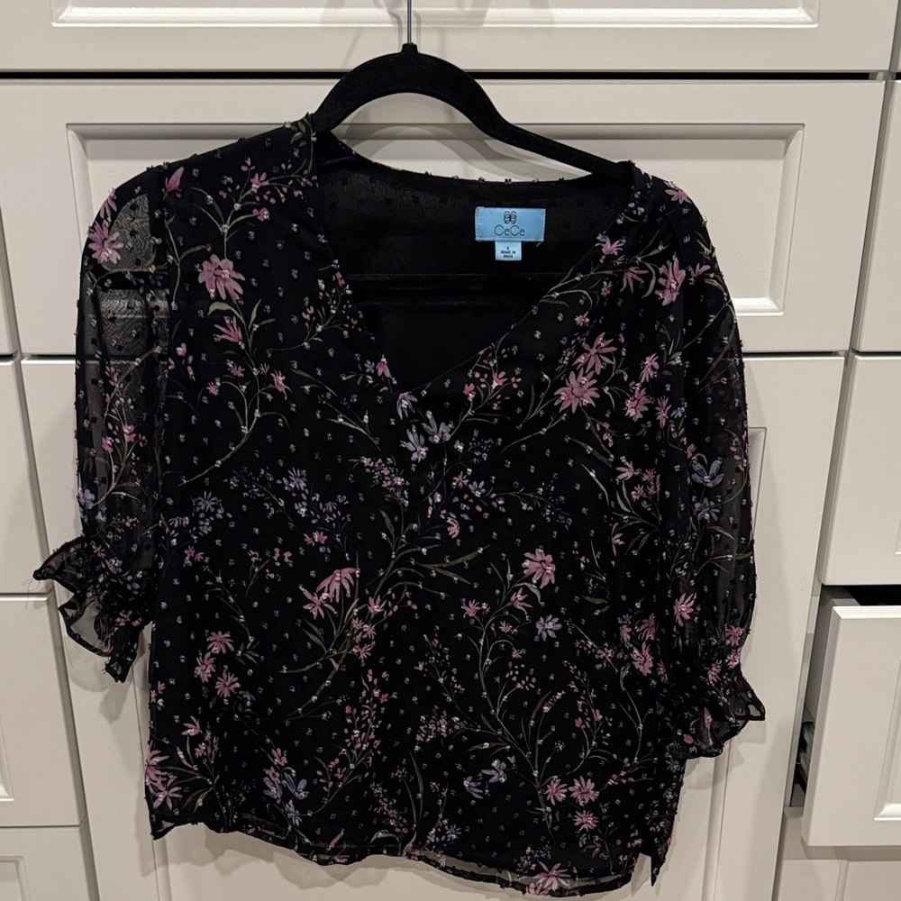 CeCe Black Floral Sheer Blouse
